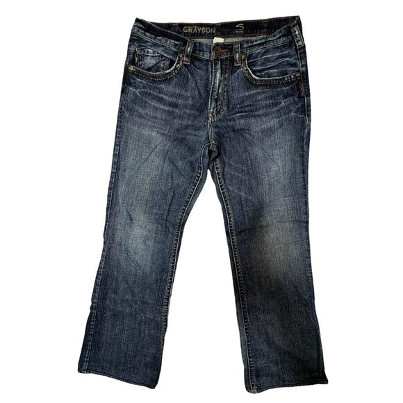 Silver Grayson Jeans Mens 32x31 Dark Blue Straight Leg Denim Distressed 32x31 - Picture 1 of 9